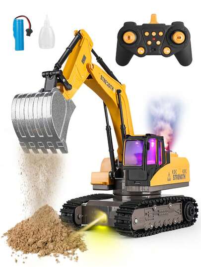 1pc Remote Control Excavator Toy, Suitable For 6-12 Years Old Boys, 13-Channel RC Excavator Construction Toy, RC Excavator Sandbox Excavator Hydraulic Construction Vehicle Toy With Metal Shovel, Spray Function, Cool Lights And Music, Best Birthday Gift For 5-7 Years, 8 Years, 9 Years, 10 Years, 11 Years, 12 Years Old Children