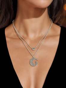 2件套精致银链心形猫咪月亮吊坠项链，女士派对日常节日首饰礼品 - 銀色 - 查看 2