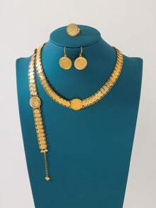 1 Set Ancient Coin Necklace, Earrings, Bracelet, Ring Vintage Element Jewelry Set, Ideal For Weddings, Parties, Festivals - Yellow Gold - View 2