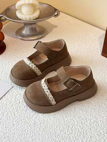 A Pair Of Sweet Little Leather Shoes With Thick-Soled Soles Decorated With Lace And Buckles For Girls Is Suitable For Daily Use - Camel - View 1