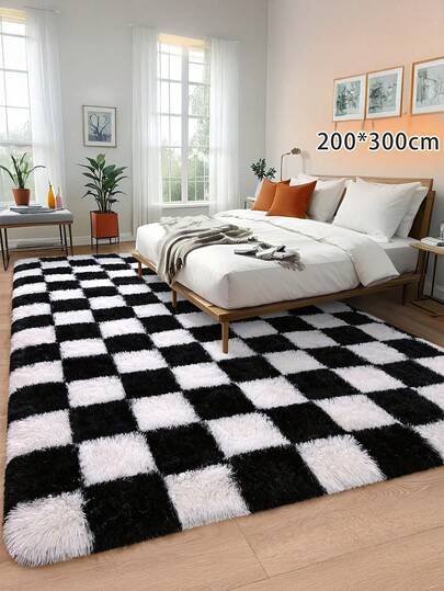 Black & White Checkered Plush Soft Washable Carpet, Modern Shaggy Area Rug, Available In Multiple Sizes For Bedroom, Living Room, Home Decor