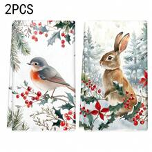 1 Set/1 Stück/2 Stücke Weihnachts-Stechpalmenbeeren und Hase/Vogel bedruckte Küchentücher und Geschirrtücher, geeignet für Inneneinrichtung in Restaurants, Küchen und Bädern, Partydekoration, Feiertags-Geschenke und auch als Weihnachtsgeschenke