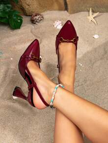 女士尖头透明装饰高跟凉鞋，时尚黑色派对礼服高跟鞋，适合户外穿着 - 酒紅色 - 查看 2
