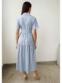 Linen Midi Dress With Lining, Buttons And Structured Collar - Màu xanh lam - Xem 2