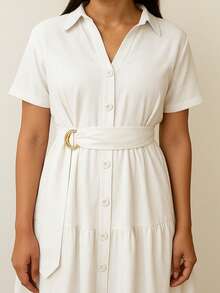 Linen Midi Dress With Lining, Buttons And Structured Collar - White - View 3