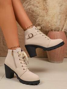 Giày bốt thanh lịch, giày bốt cao gót buộc dây có khóa trang trí, hoàn hảo để kết hợp với váy và quần - Màu be - Xem 3