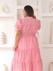 Women's Midi Dress With Embroidered Laise, All-Over Print, Embroidery, Button, Ruffle, Gathered, Formal And Evening - Baby Pink Two-tone 3D - View 3