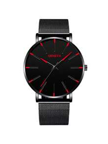 1 件简约时尚男士石英手表，配网状表带 - 紅色 - 查看 3