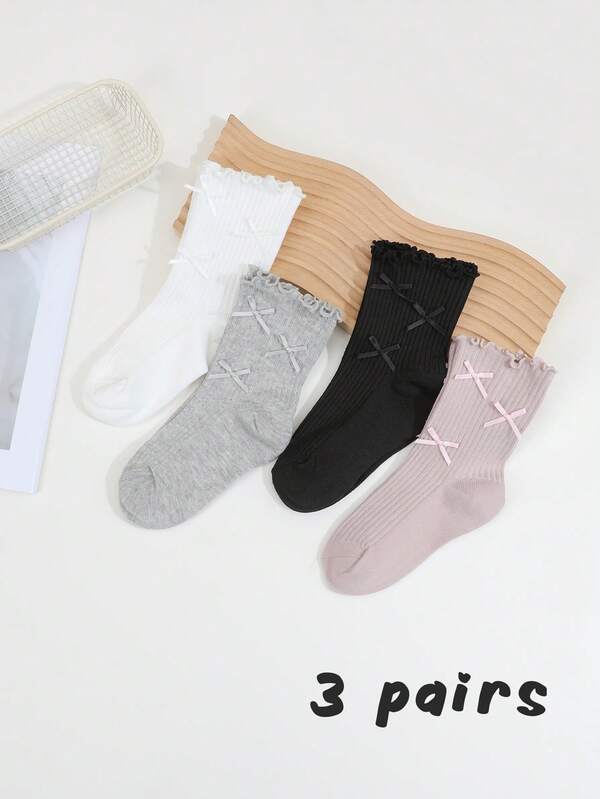 4 Pairs Girls' Cute Bow Decor Ladylike Mid-Calf Socks, Suitable For Girls' Daily Wear