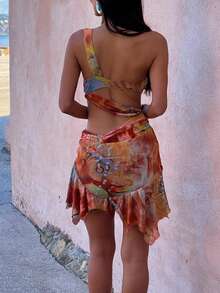 Sexy Contrast Color Printed Backless Asymmetric Patchwork Mini Bodycon Dress - Orange - View 2