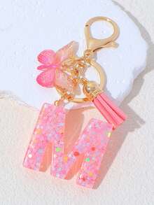 1pc A-Z Letter Butterfly Children's Bag Charm, Bag Accessory, Butterfly Tassel Letter Pendant Keychain, Pink Glitter Letter Keychain With Butterfly Tassel, Girls Bag Charm, Party Gift - Pink - View 30