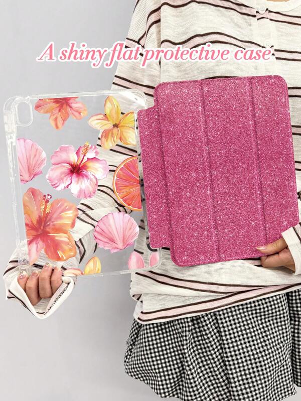 Funda brillante para iPad Tablet para iPad 9.7/10.2/10.5/10.9/Mini6/Mini7 de 10a generación, iPad (A16) de 11 pulgadas de 11a generación 2025, cubierta trasera antidoblado de flor de hibisco de acrílico, soporte ajustable de triple pliegue, ranura integrada para lápiz, compatible con la función de suspender/activar, diseño elegante y lujoso con lentejuelas, cubierta protectora con estilo
