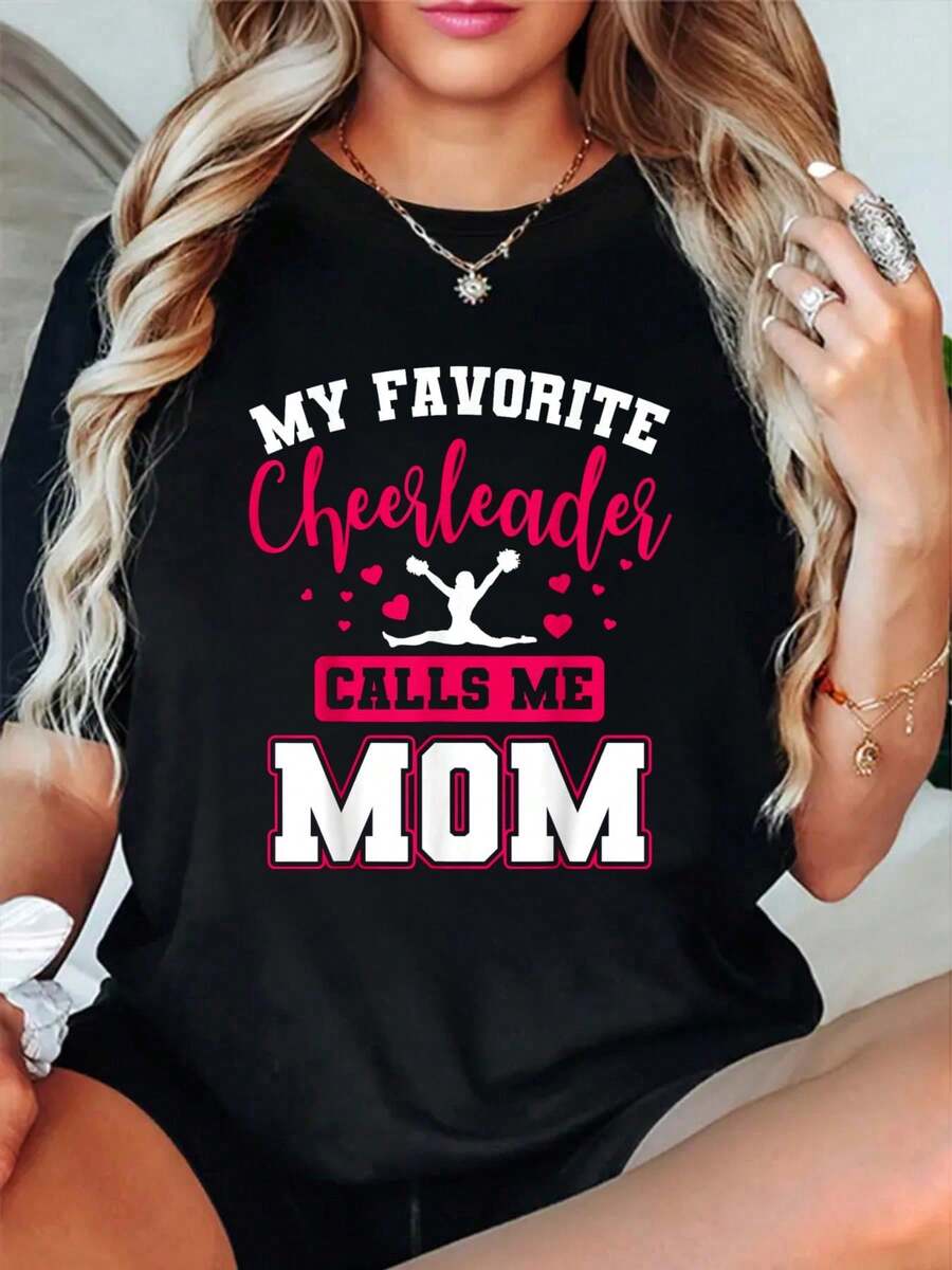 My Favorite Cheerleader Calls Me Mom Cheerleading Team Squad T-Shirt Print T-Shirt, Short Sleeve Round Neck Casual Top For Summer & Spring, Women's Clothing - Black - View 1