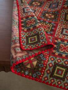 1pc Bohemian Style Decorative Tablecloth, Red Geometric Square Jacquard Tablecloth With Shell Embroidery Lace Trim, Rectangular Table Cloth Suitable For Christmas, Party, Wedding, Home Decor, Vintage Style (Slight Color Difference) - Multicolor - View 4