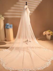 1 khăn voan ren dài 3 mét đính ren kèm lược kim loại thanh lịch, phụ kiện mũ đội đầu bằng lưới mềm mại cho cô dâu, trang phục mùa thu dành cho nữ - A - Xem 11