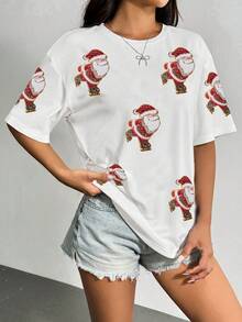 Christmas Santa Claus Sequin Decor Round Neck Short Sleeve T-Shirt - White - View 4