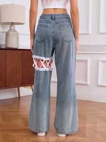 Damskie jeansy casualowe z szerokimi nogawkami i przetarciami oraz koronką, długie, nieelastyczne spodnie jeansowe