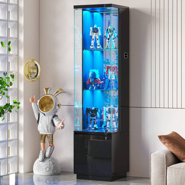 HNEBC LED Display Cabinet With Adjustable Glass Shelf, High Gloss Display Cases With 3 Color Lights For Collectibles,With Hidden Storage Cabinets For Liquor
