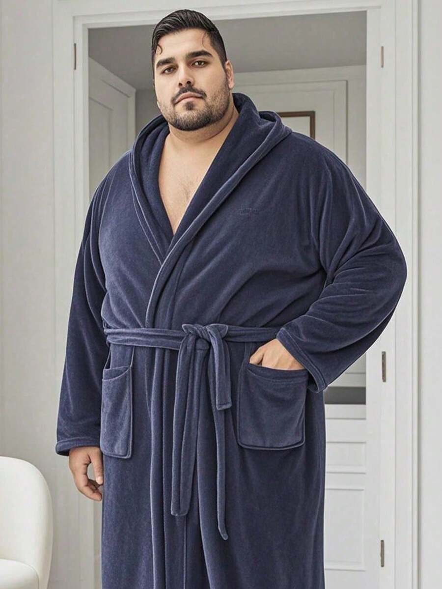 1件珊瑚绒纯色男女通用成人连帽浴袍，毛绒睡衣，男士圣诞礼物，吸水柔软不掉毛家居服法兰绒浴袍 - 深灰色 - 查看 1