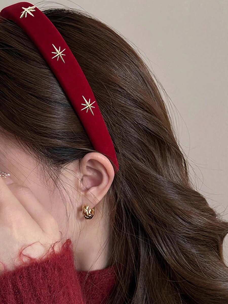 1件 2cm寬女款純色秋冬天鵝絨五角星寬邊海綿墊防滑髮箍，百搭髮飾，適合日常/約會/通勤 - 紅色 - 查看 1