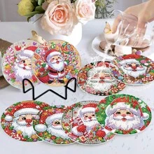 8pcs Christmas Santa Claus 5D Diamond Painting Coaster Set, Exercising Hands-On Ability, Green & Colorful, Suitable For Beginners, Acrylic Diamond Stickers On Cork Coaster Base, Heat Insulation Coasters For Dining Table, Comes With Tools And Iron Stand