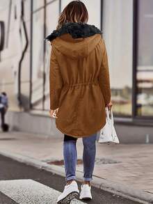 Women's Color Block Drawstring Waist Fur Trim Hooded Padded Coat, Autumn/Winter - Brown - View 4