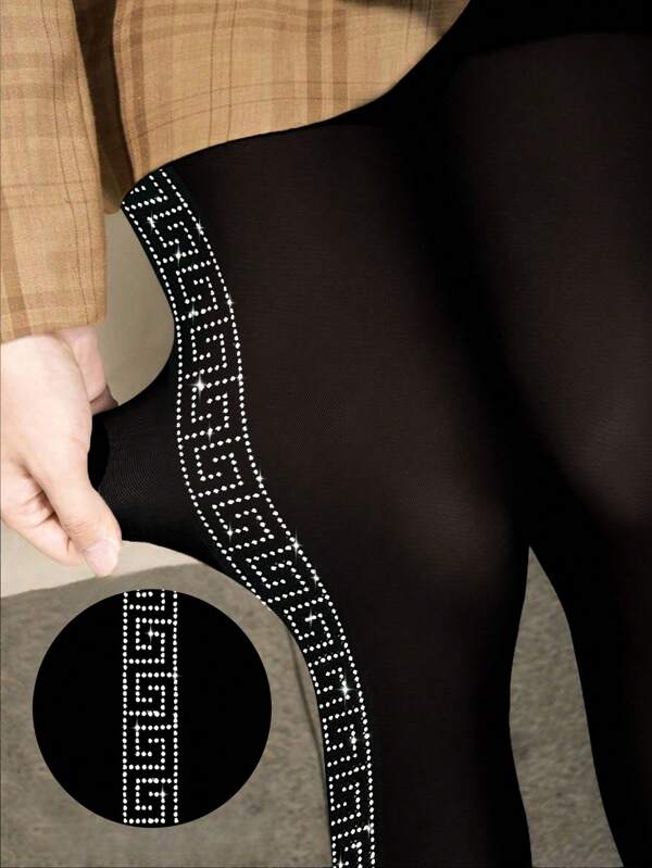 1 pieza Leggings ajustados cortos de mujer con decoración de strass lateral, de alta elasticidad para uso casual diario