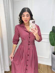 Striped Midi DressStripedElegantConservative / ModestPartyPocketButton - Màu Đỏ Sâu - Xem 3