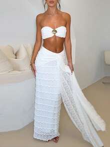 Women Summer Outfits Cute Shells Crop Bandeau Tops And Elastic Tie Front Skirt Set For Streetwear Aesthetic Clothes - White - View 2