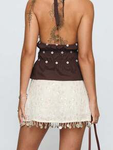 Women Y2k Floral Embroidery Mini Skirt Low Rise Sparkly Sequin Tassel Short Skirts Summer Solid Color Pencil Skirt Club Party Going Out Skirt - 白色 - 查看 2