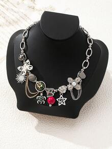 1 件全新设计百搭简约多元素吊坠链项链，高端锁骨链项链女士珠宝，适合晚会、音乐节和各种场合 - 彩色 - 查看 2