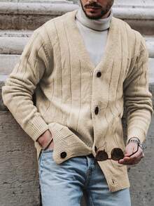 休闲宽松纯色落肩长袖圆领纽扣开衫男女通用毛衣，适合春、秋、冬季穿着。 - 棕色 - 查看 1