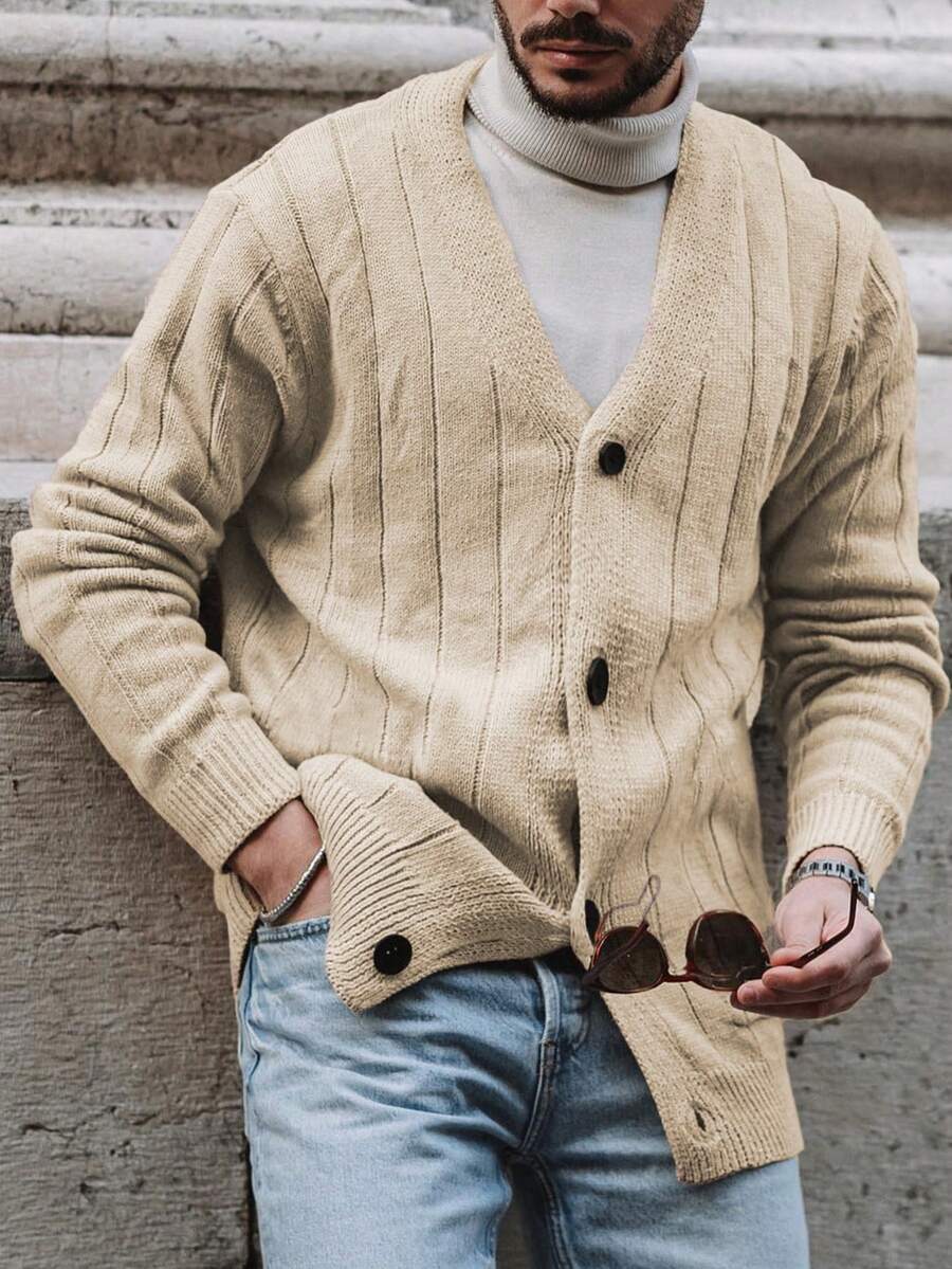 休闲宽松纯色落肩长袖圆领纽扣开衫男女通用毛衣，适合春、秋、冬季穿着。 - 棕色 - 查看 1