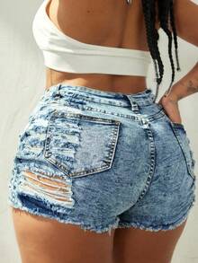 Pantalones cortos de mezclilla de estilo callejero Y2K talla grande, con bolsillos elásticos laterales, desgastados y calados, bajo deshilachado, pantalones cortos sexy, shorts vaqueros ajustados casuales, denim retro de vuelta al colegio para el verano - Cesta de flores fritas - Ver 3