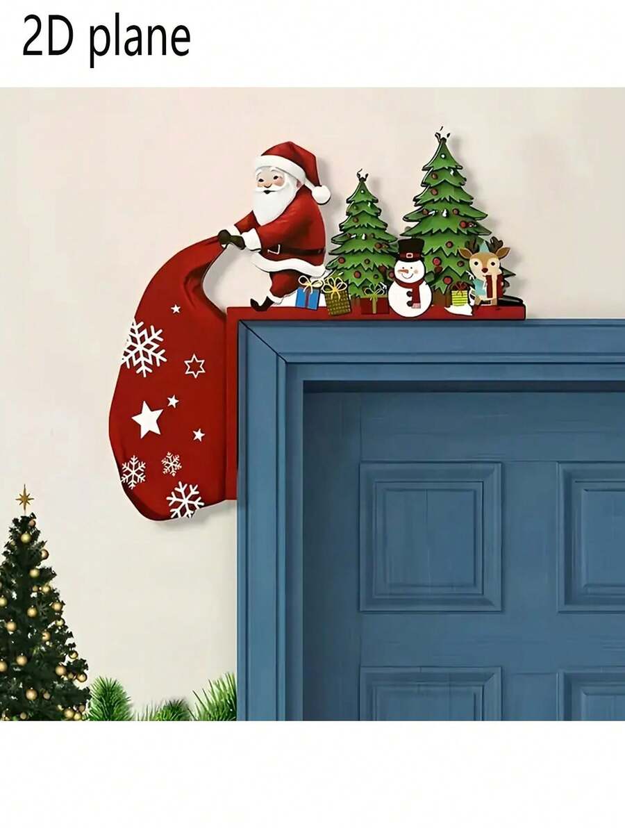 1pc Santa Claus With Reindeer & Snowman 2D Flat Wall Decor, Door Frame Hanging Ornament, Tabletop Figurine, Ideal For Indoor, Living Room, Bedroom, Office, Home Decor Christmas, Holiday Accessory, Seasonal Gift - Multicolor - View 1