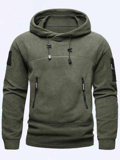 男士户外连帽战术卫衣，冬季保暖外套，带口袋，适合户外运动、露营、跑步、骑行和休闲穿着，绿色