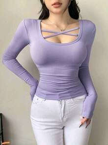 Casual Solid Color Ribbed Knit Fabric Criss-Cross Long Sleeve Top