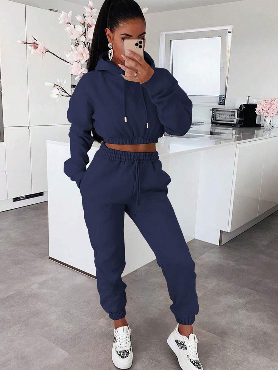 女式两件套保暖内衬休闲套装，纯色长袖连帽运动衫上衣和修身运动裤，秋冬运动服套装 - 藏蓝色 - 查看 1