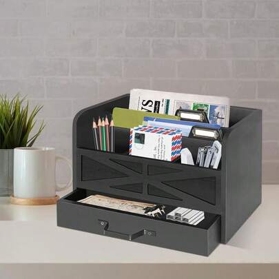 Mail Organizer For Countertop, Desktop Mail Holder File Organizer, Farmhouse Rustic Wooden Letter Sorter For Home Office, Mail Sorter For File Letter Paper Bill Storage Organizer