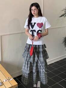 Back To School Cute Heart & Letter Print Casual Round Neck Short Sleeve T-Shirt For Women, Spring/Summer White - White - View 4