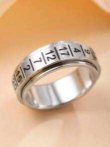 1 pieza Anillo giratorio con patrón numérico de acero inoxidable, accesorio para aliviar el estrés adecuado para hombres y mujeres, ideal como regalo del Día de San Valentín - Plateado - Ver 2