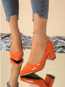 尖头女式浅口鞋，粗跟高跟鞋，简约浅口工作鞋 - 橘色 - 查看 3