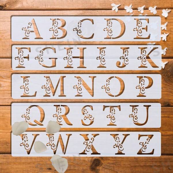 5 Stücke wiederverwendbare Schablonen mit Blumen & Buchstaben, je 2*12 Zoll, dekorative Buchstaben, Designer Vorlage, für Scrapbooking, Geburtstag, Hochzeit, DIY Basteln, einfach zu verwenden & zu reinigen (1 Set mit 5 Stücke)