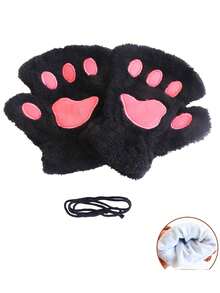 1 Piece, Autumn, Winter, Christmas, Halloween, Cute Plush Lady, Men's, Half-Finger Gloves, Hanging Neck Warm Gloves, Male And Female Student Cat Claw Gloves, Cute Cat Claw Gloves, Women's Autumn And Winter Warm And Cold-Proof Plush Half-Finger Gloves, Thickened Plush Student Writing Leaky Finger Gloves