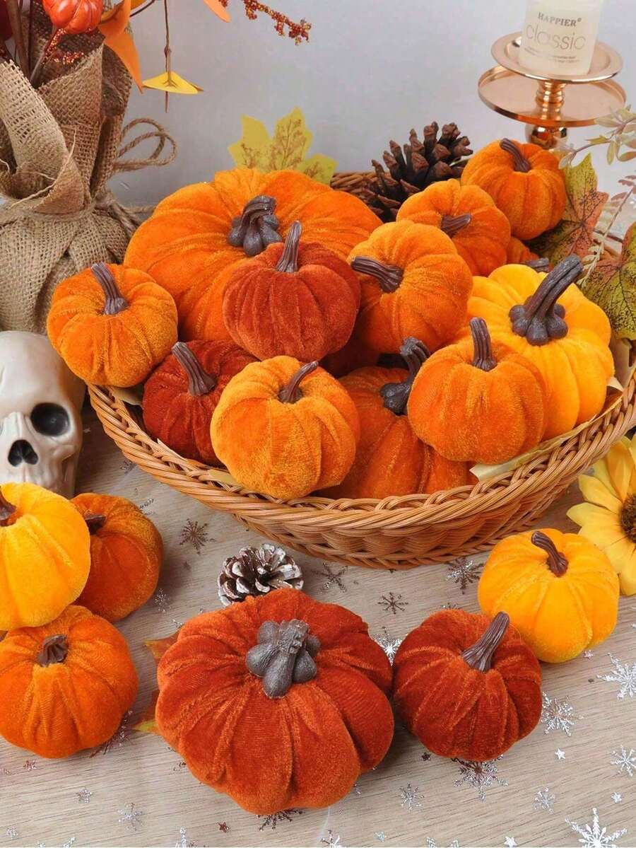 6pcs Random Color Artificial Velvet Foam Pumpkin Decor, Autumn Home Pumpkin Decoration, Mixed Color Velvet Faux Pumpkins, Artificial Autumn Tabletop Decor, Reusable Thanksgiving Autumn Centerpiece Decoration, Handmade Velvet Pumpkins