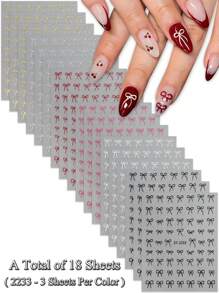 2/3/6/12/18/24 Sheets Valentine's Bow Nail Art Stickers For Women, Self-Adhesive 3D Bow Nail Decals, Cute Ribbon Nail Stickers For DIY Nail Design, Manicure Nail Supplies Accessories