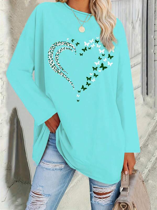 Women's Plus Size Long Sleeved Heart-Shaped Autumn Women's Clothing Elegant Top For Going Out, Valentine's Day, Daily Casual Versatile Wear, Autumn