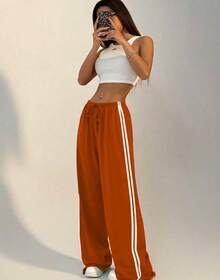 Wide Leg Track Pants, Side Stripe, Elastic Waistband, Pocket, Marrant Fabric - 卡其色 - 查看 1