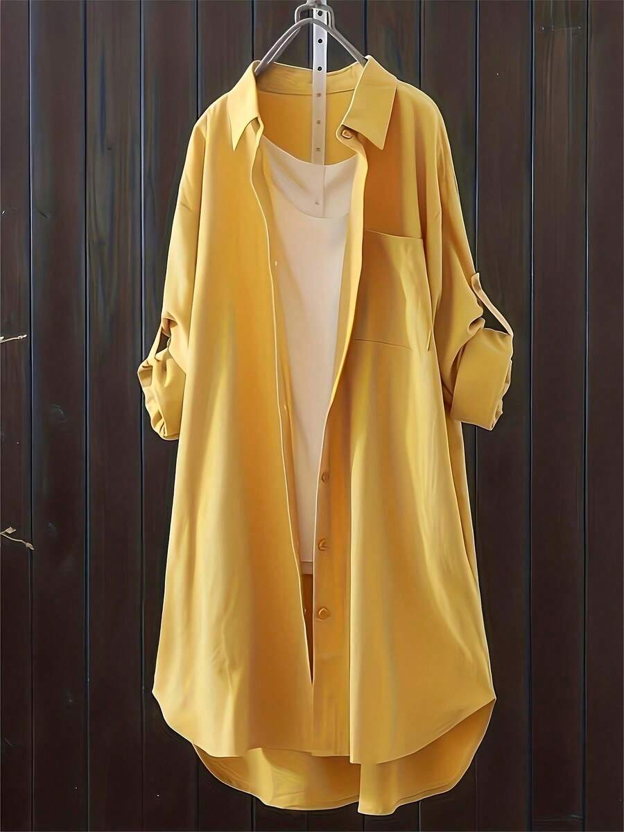 Casual Loose Oversized Shirt Linen Solid Long Shirts Korean Fashion Midi Shirts & Blouses Women Clothing Plus Size Tops - 黃色 - 查看 1