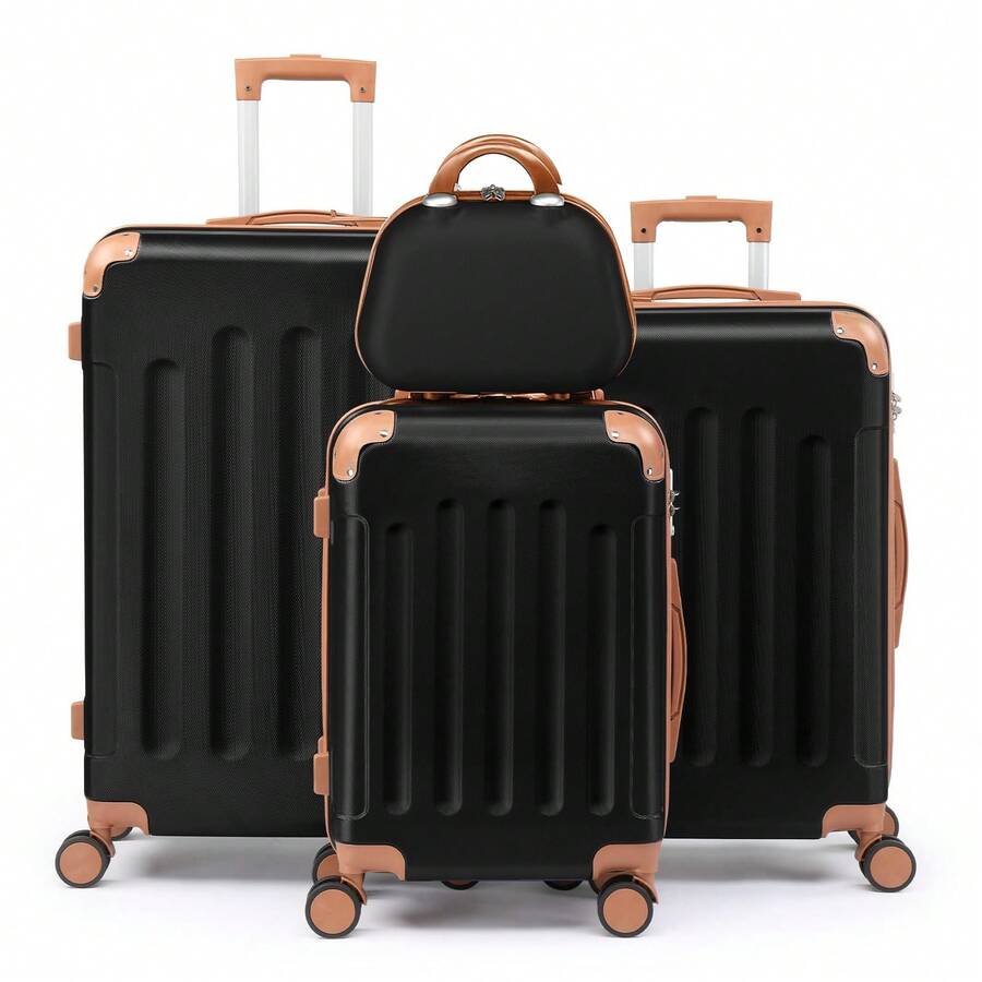 SUNROAD A Stylish Set Of ABS Suitcases With Vertical Stripes, Four-In-One Design With Handles And Universal Wheels. Available In 20in, 24in, 28in Sizes And 12in Carrying Case, Featuring ABS Aluminum Golden Pull Rods In A Fashionable Rose Gold Color Scheme - 黑棕色 - 查看 1